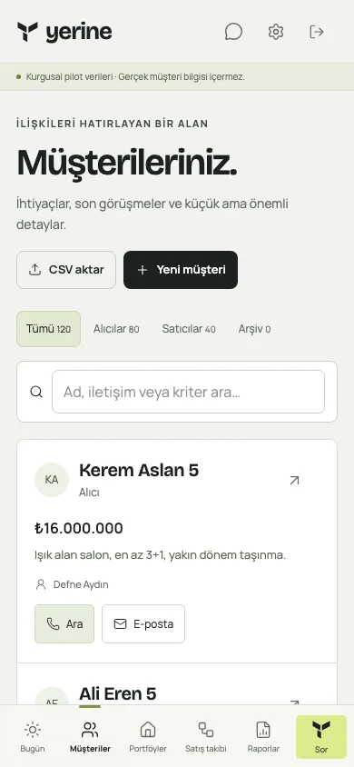 Kurgusal müşteri kayıtlarının Yerine’deki görünümü