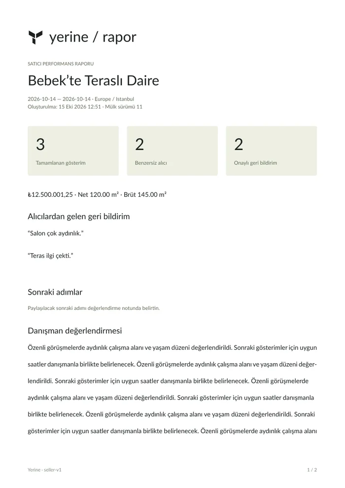 Örnek bir satıcı raporunun Yerine’deki görünümü